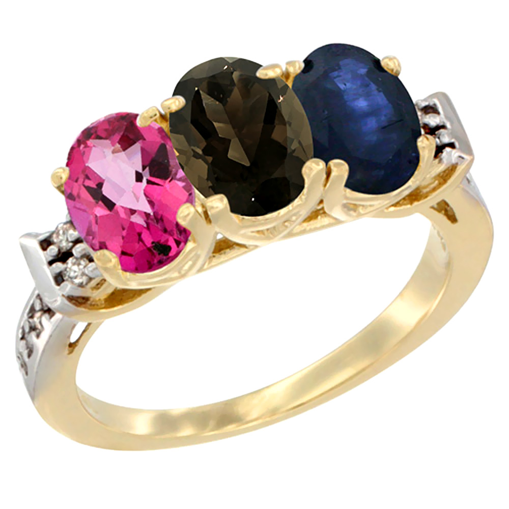 10K Yellow Gold Natural Pink Topaz, Smoky Topaz & Blue Sapphire Ring 3-Stone Oval 7x5 mm Diamond Accent, sizes 5 - 10