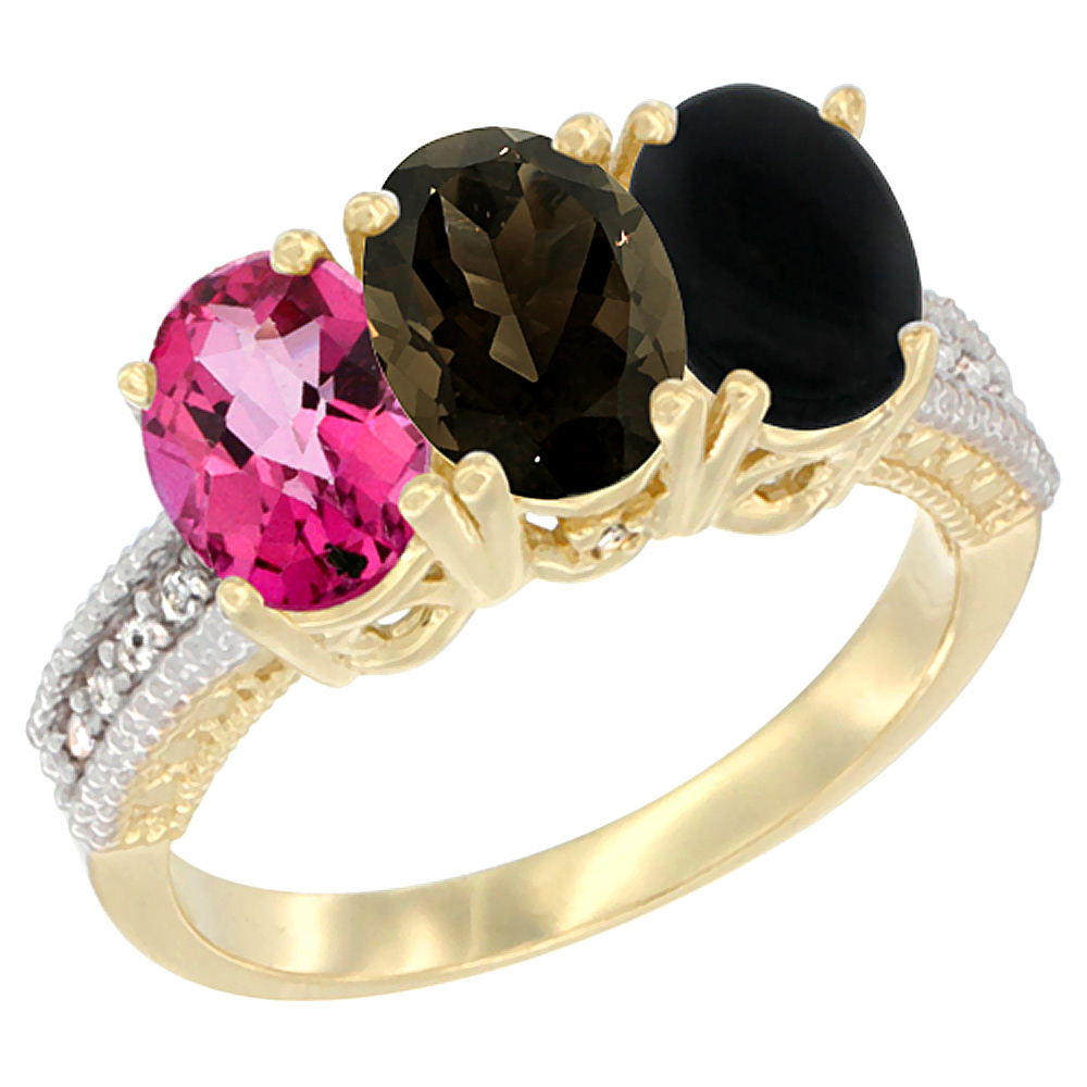 14K Yellow Gold Natural Pink Topaz, Smoky Topaz &amp; Black Onyx Ring 3-Stone 7x5 mm Oval Diamond Accent, sizes 5 - 10