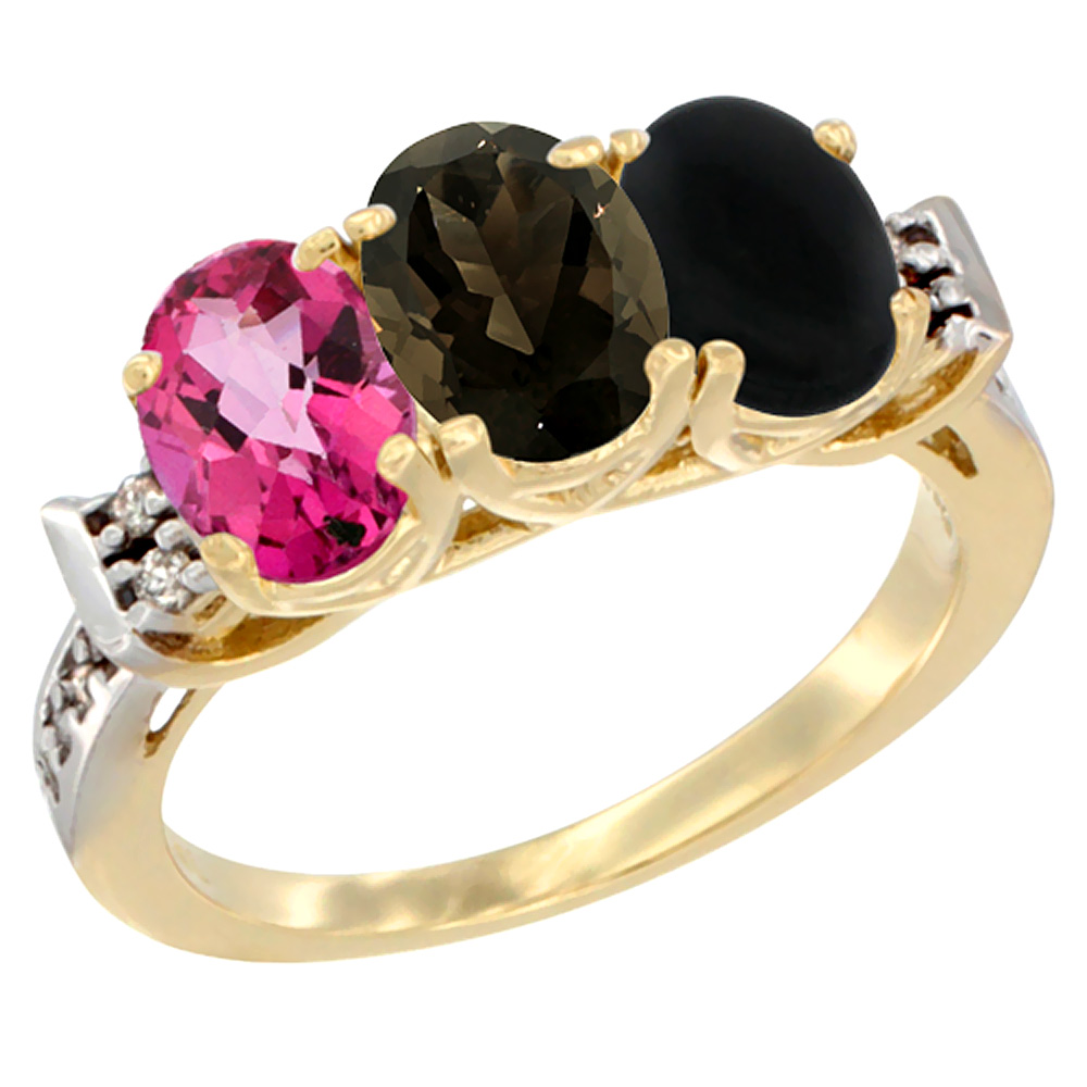 10K Yellow Gold Natural Pink Topaz, Smoky Topaz &amp; Black Onyx Ring 3-Stone Oval 7x5 mm Diamond Accent, sizes 5 - 10