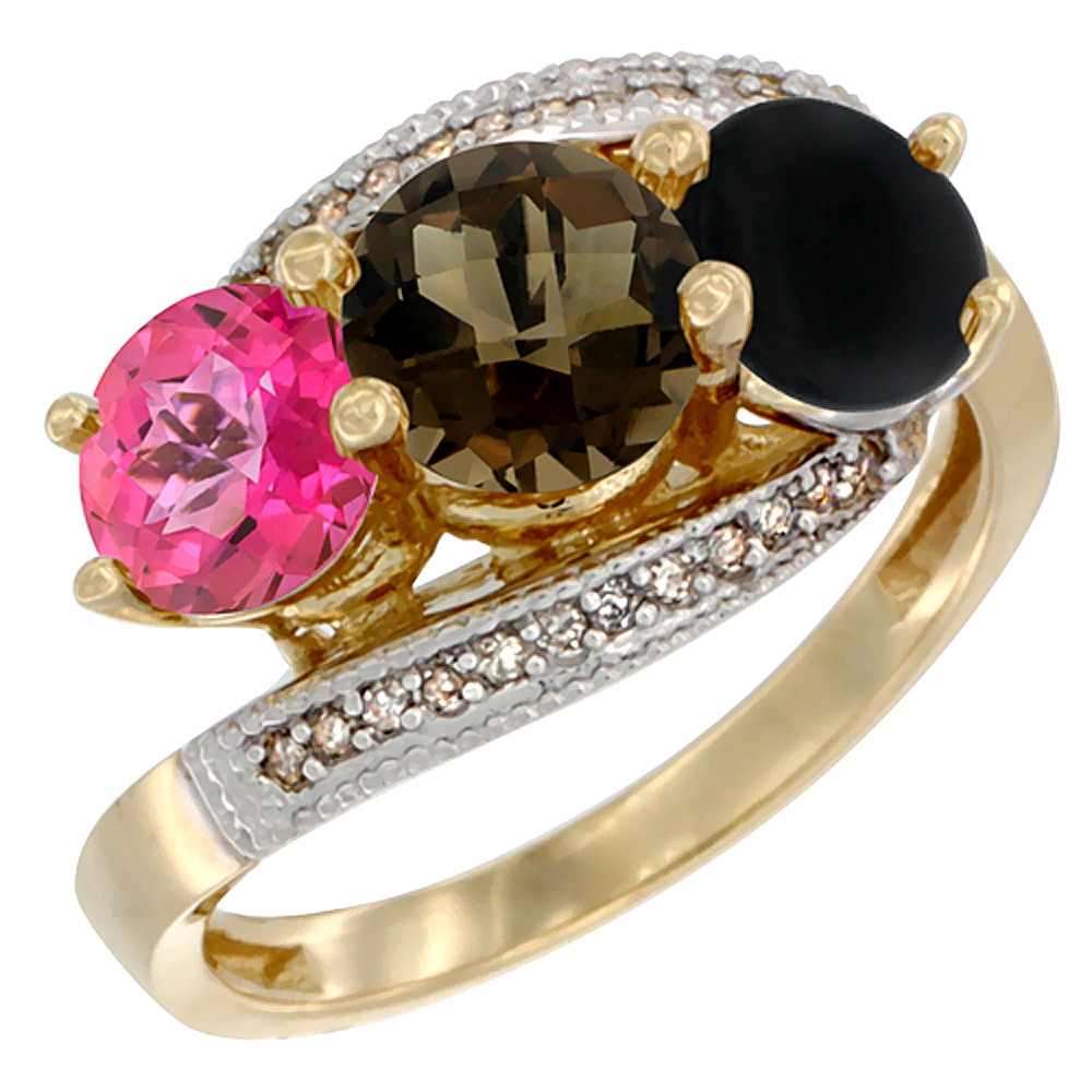 10K Yellow Gold Natural Pink Topaz, Smoky Topaz &amp; Black Onyx 3 stone Ring Round 6mm Diamond Accent, sizes 5 - 10
