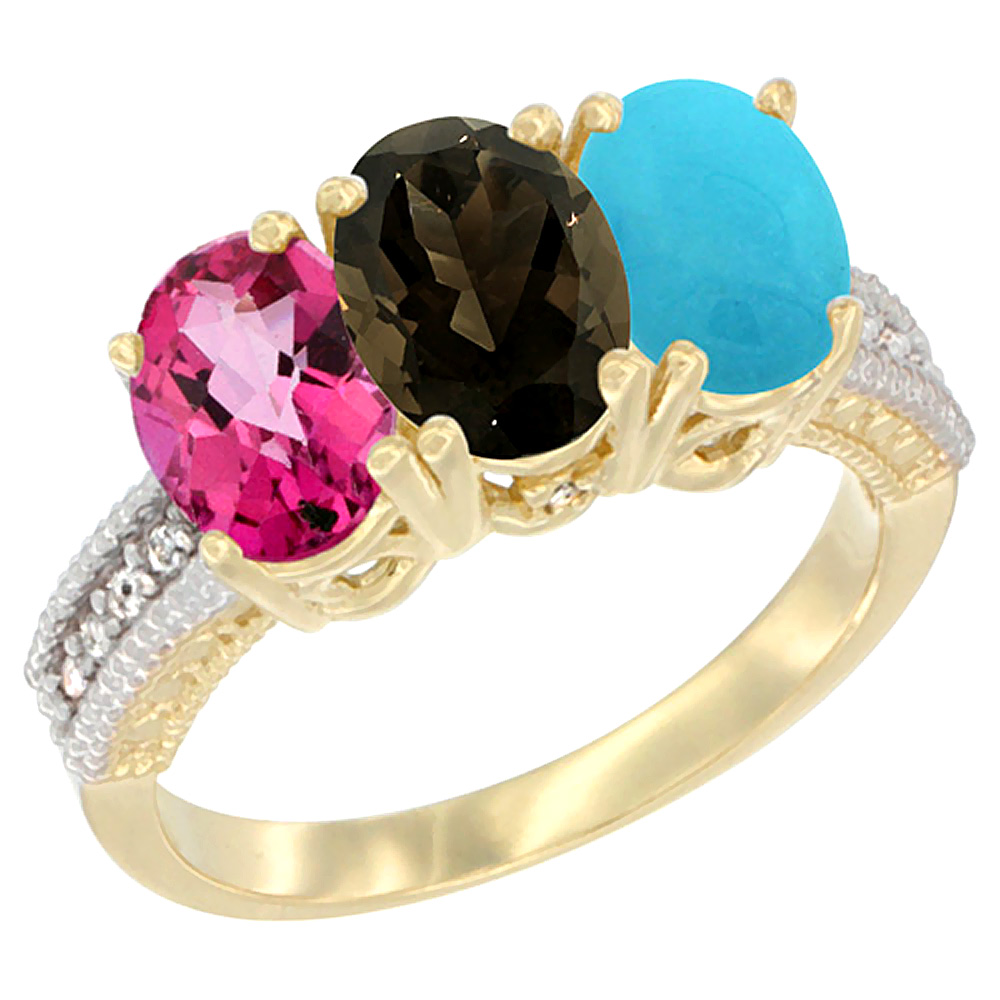 14K Yellow Gold Natural Pink Topaz, Smoky Topaz &amp; Turquoise Ring 3-Stone 7x5 mm Oval Diamond Accent, sizes 5 - 10