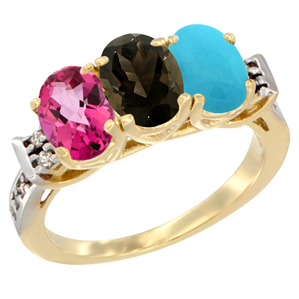 10K Yellow Gold Natural Pink Topaz, Smoky Topaz &amp; Turquoise Ring 3-Stone Oval 7x5 mm Diamond Accent, sizes 5 - 10