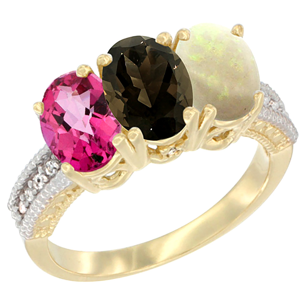 14K Yellow Gold Natural Pink Topaz, Smoky Topaz & Opal Ring 3-Stone 7x5 mm Oval Diamond Accent, sizes 5 - 10