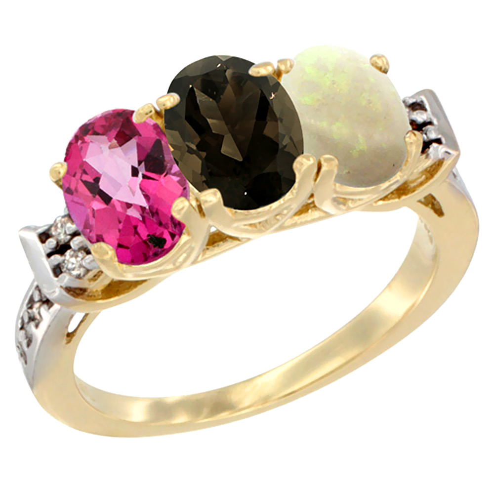 10K Yellow Gold Natural Pink Topaz, Smoky Topaz & Opal Ring 3-Stone Oval 7x5 mm Diamond Accent, sizes 5 - 10