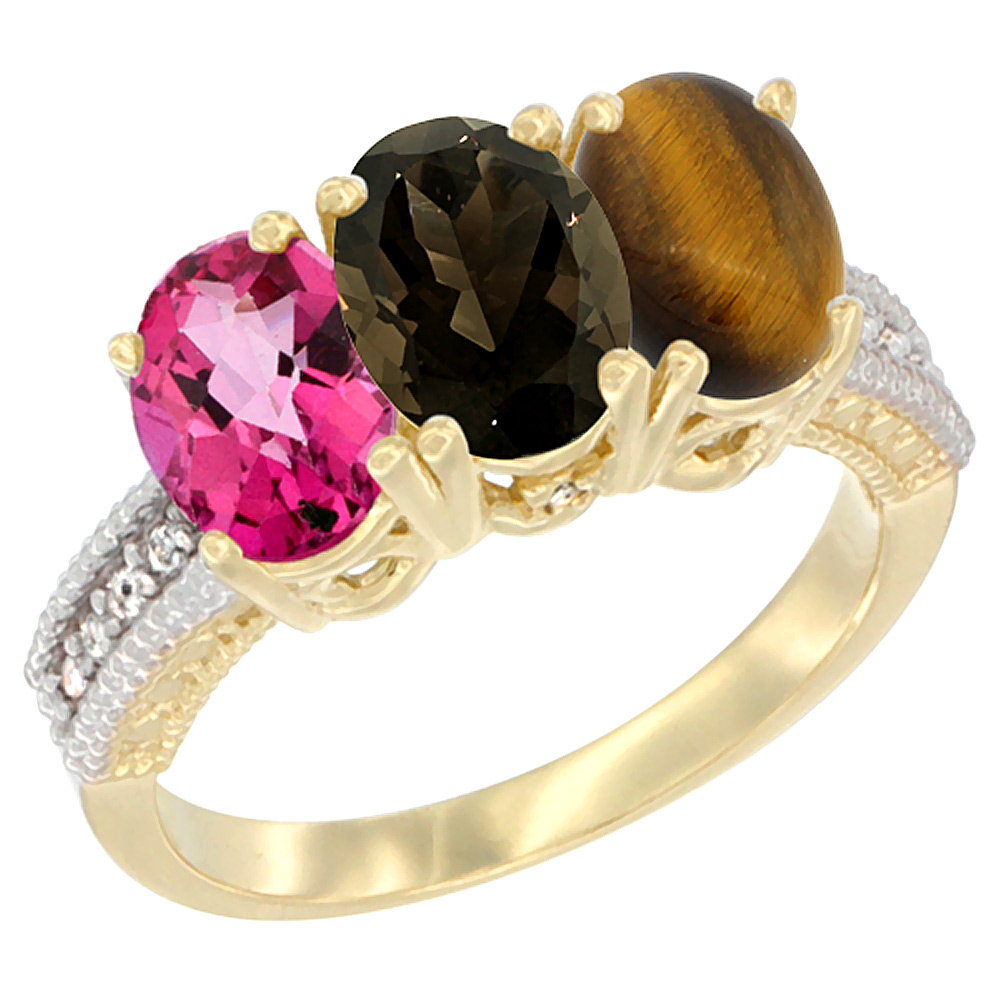 14K Yellow Gold Natural Pink Topaz, Smoky Topaz &amp; Tiger Eye Ring 3-Stone 7x5 mm Oval Diamond Accent, sizes 5 - 10