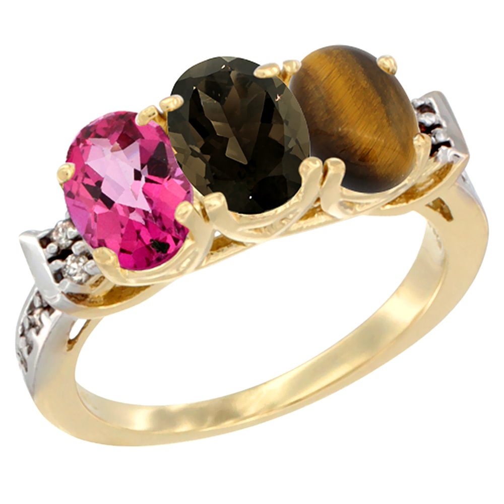 10K Yellow Gold Natural Pink Topaz, Smoky Topaz &amp; Tiger Eye Ring 3-Stone Oval 7x5 mm Diamond Accent, sizes 5 - 10