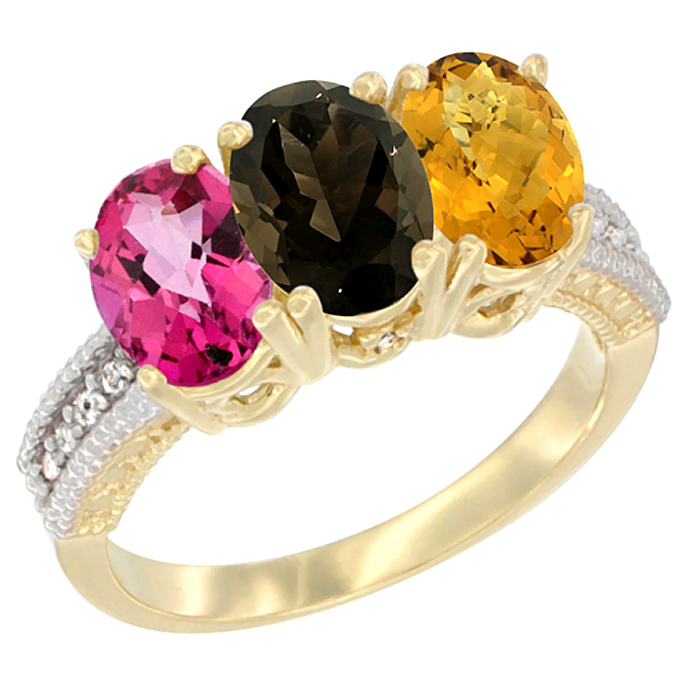 10K Yellow Gold Diamond Natural Pink Topaz, Smoky Topaz & Whisky Quartz Ring 3-Stone Oval 7x5 mm, sizes 5 - 10