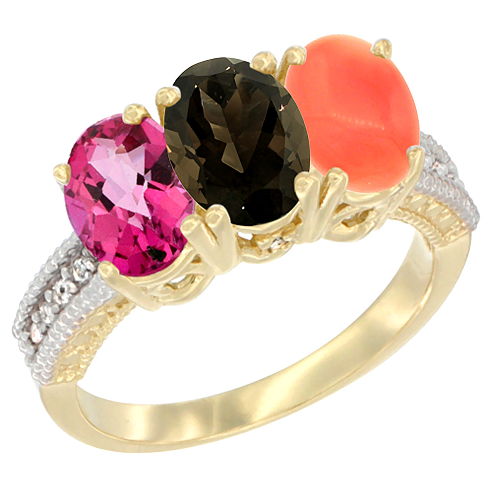 14K Yellow Gold Natural Pink Topaz, Smoky Topaz &amp; Coral Ring 3-Stone 7x5 mm Oval Diamond Accent, sizes 5 - 10