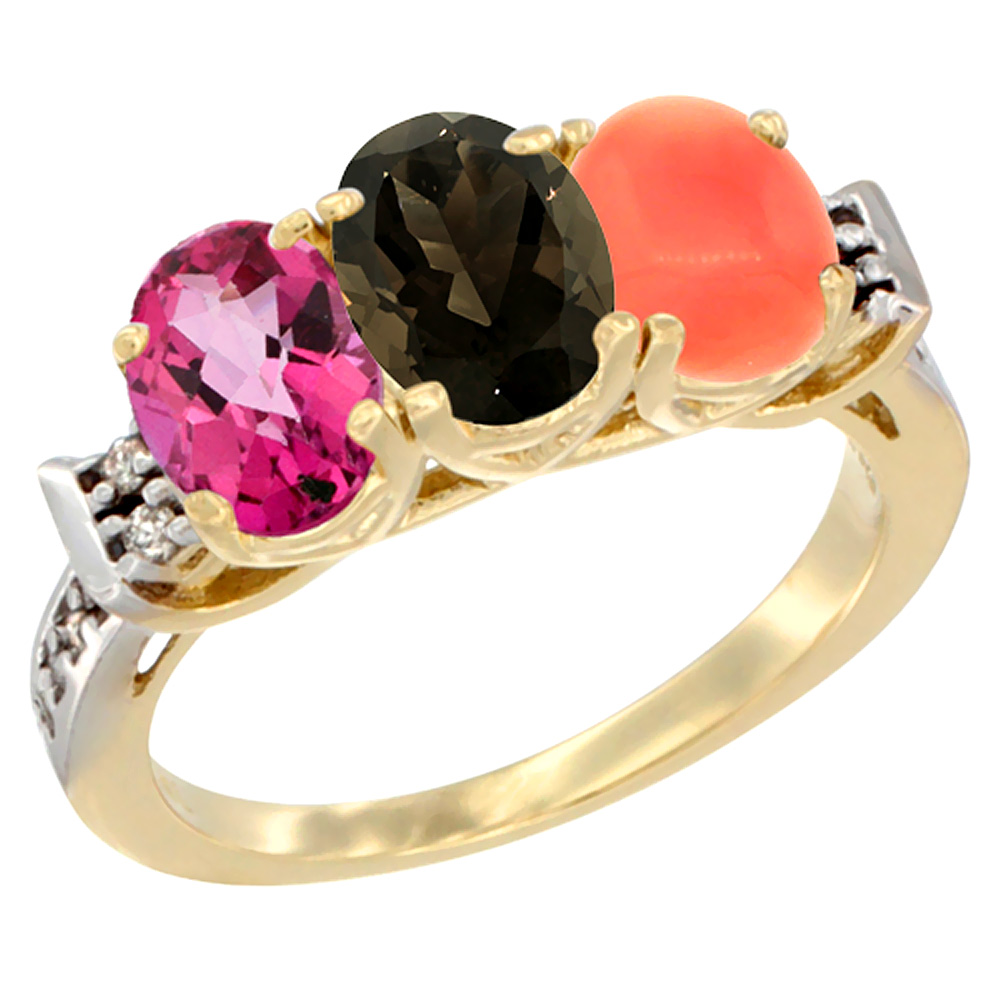 10K Yellow Gold Natural Pink Topaz, Smoky Topaz & Coral Ring 3-Stone Oval 7x5 mm Diamond Accent, sizes 5 - 10