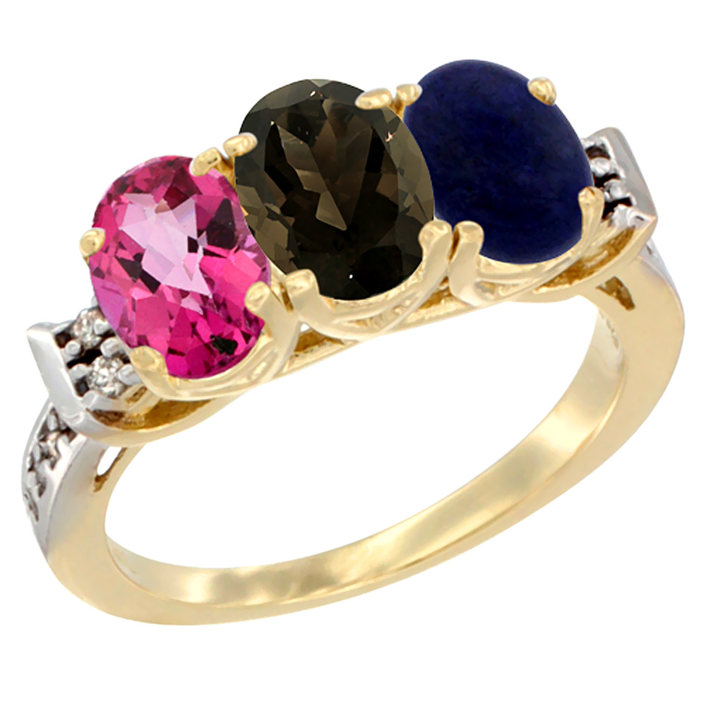 10K Yellow Gold Natural Pink Topaz, Smoky Topaz &amp; Lapis Ring 3-Stone Oval 7x5 mm Diamond Accent, sizes 5 - 10