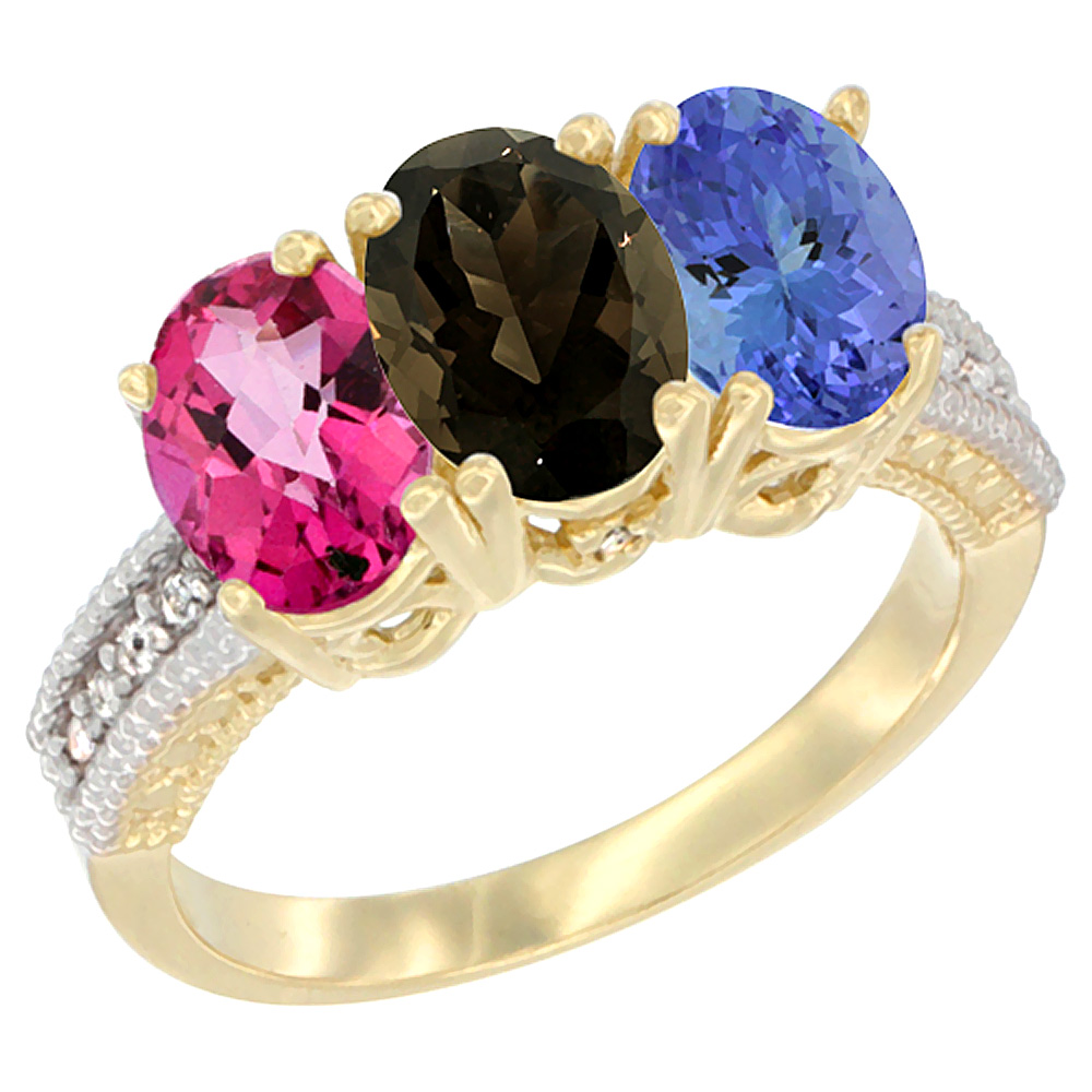 14K Yellow Gold Natural Pink Topaz, Smoky Topaz & Tanzanite Ring 3-Stone 7x5 mm Oval Diamond Accent, sizes 5 - 10