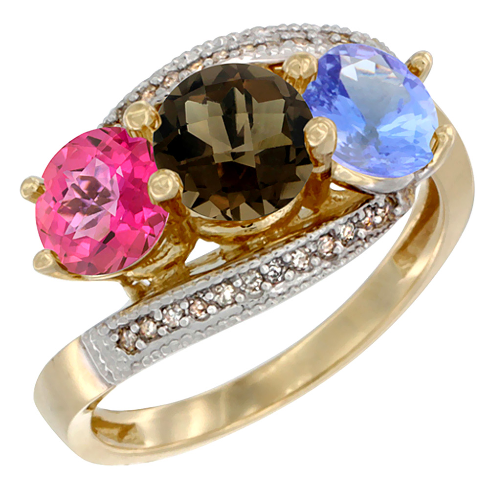 10K Yellow Gold Natural Pink Topaz, Smoky Topaz & Tanzanite 3 stone Ring Round 6mm Diamond Accent, sizes 5 - 10