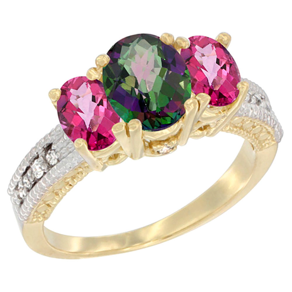 10K Yellow Gold Diamond Natural Mystic Topaz Ring Oval 3-stone with Pink Topaz, sizes 5 - 10