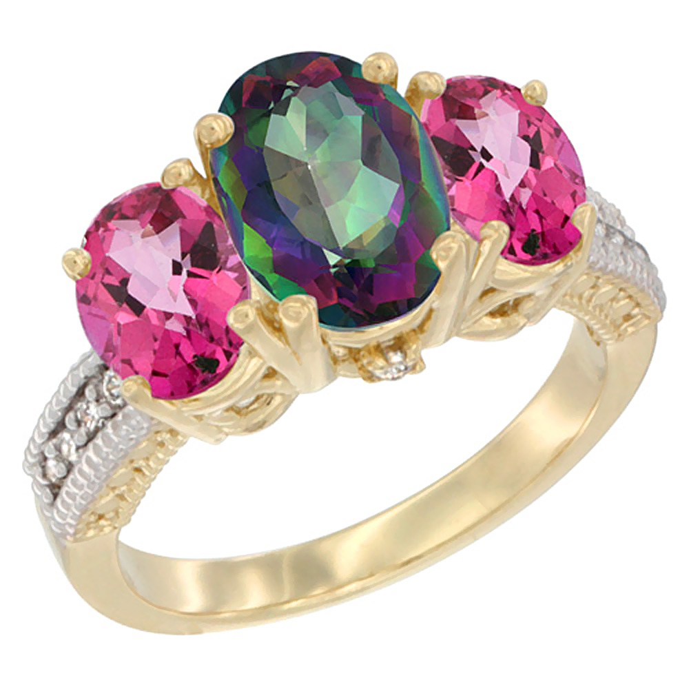 14K Yellow Gold Diamond Natural Mystic Topaz Ring 3-Stone Oval 8x6mm with Pink Topaz, sizes5-10