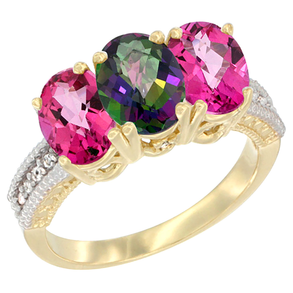 14K Yellow Gold Natural Mystic Topaz &amp; Pink Topaz Sides Ring 3-Stone 7x5 mm Oval Diamond Accent, sizes 5 - 10
