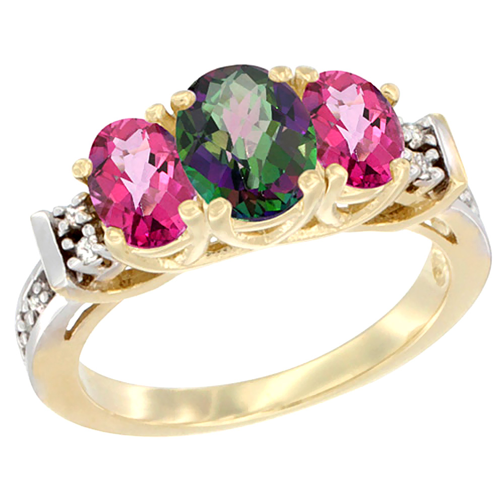 14K Yellow Gold Natural Mystic Topaz & Pink Topaz Ring 3-Stone Oval Diamond Accent