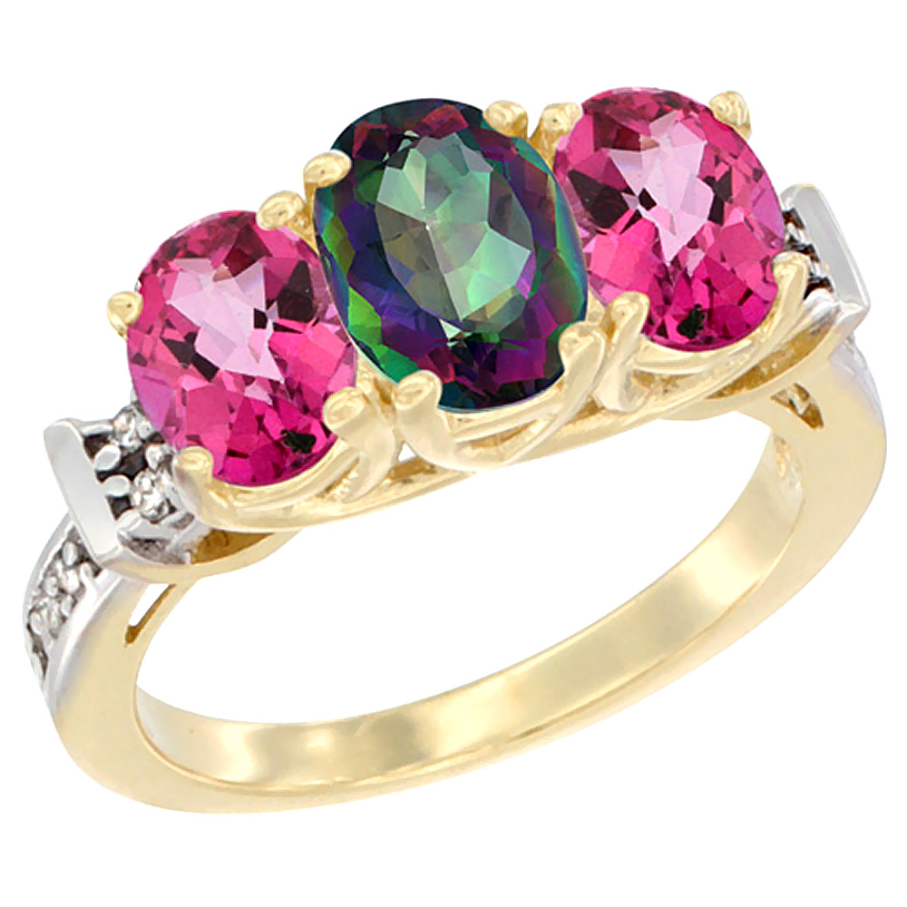 10K Yellow Gold Natural Mystic Topaz &amp; Pink Topaz Sides Ring 3-Stone Oval Diamond Accent, sizes 5 - 10