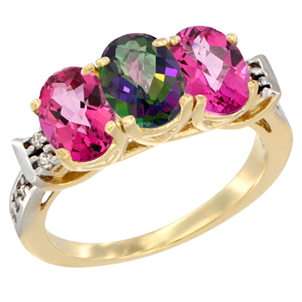 10K Yellow Gold Natural Mystic Topaz &amp; Pink Topaz Sides Ring 3-Stone Oval 7x5 mm Diamond Accent, sizes 5 - 10
