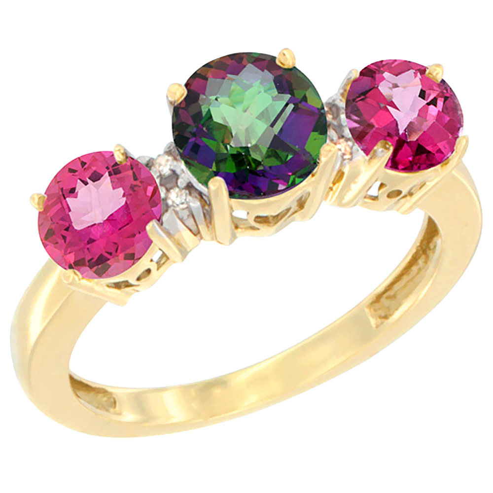 14K Yellow Gold Round 3-Stone Natural Mystic Topaz Ring &amp; Pink Topaz Sides Diamond Accent, sizes 5 - 10