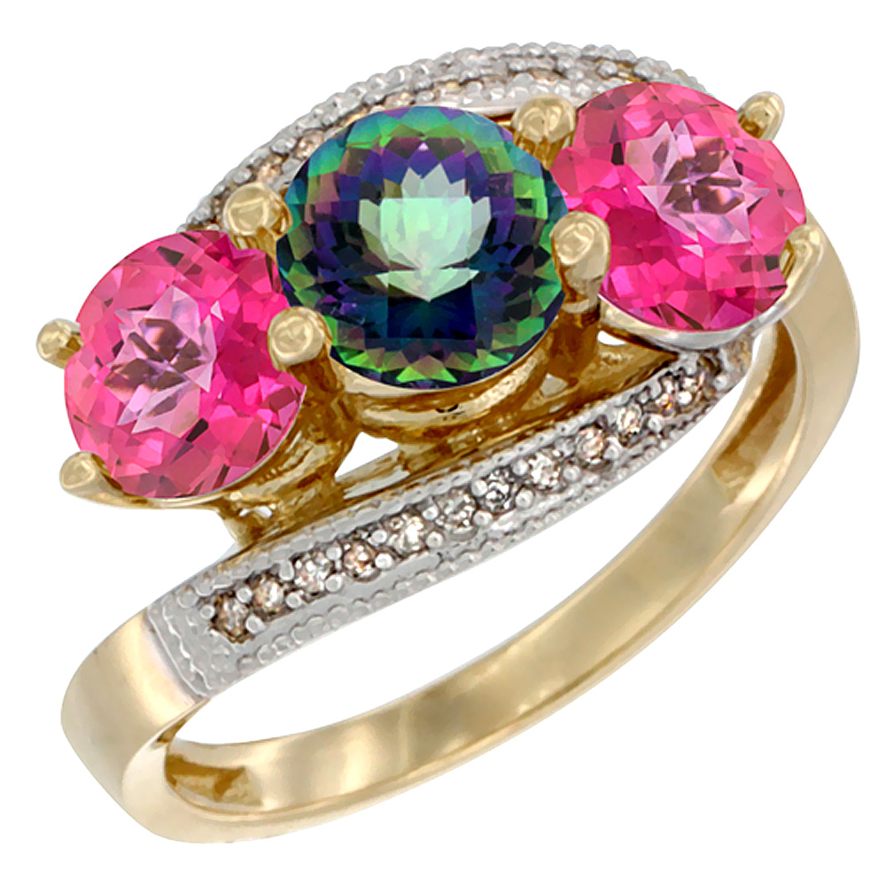 10K Yellow Gold Natural Mystic Topaz & Pink Topaz Sides 3 stone Ring Round 6mm Diamond Accent, sizes 5 - 10