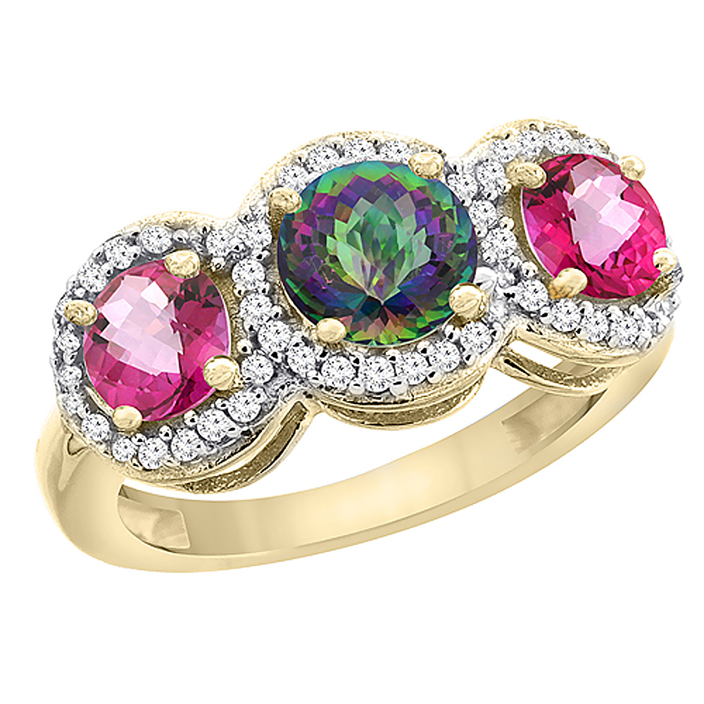 14K Yellow Gold Natural Mystic Topaz &amp; Pink Topaz Sides Round 3-stone Ring Diamond Accents, sizes 5 - 10