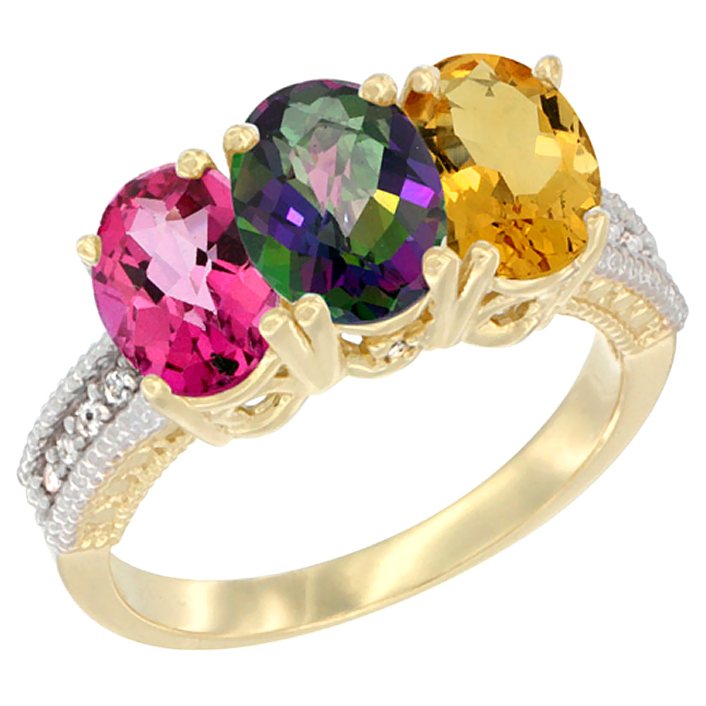 14K Yellow Gold Natural Pink Topaz, Mystic Topaz &amp; Citrine Ring 3-Stone 7x5 mm Oval Diamond Accent, sizes 5 - 10