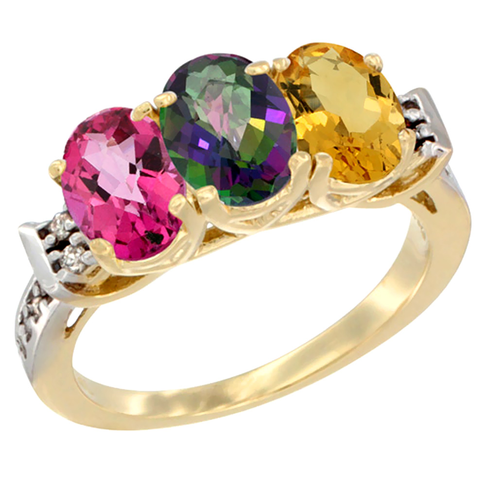 10K Yellow Gold Natural Pink Topaz, Mystic Topaz &amp; Citrine Ring 3-Stone Oval 7x5 mm Diamond Accent, sizes 5 - 10