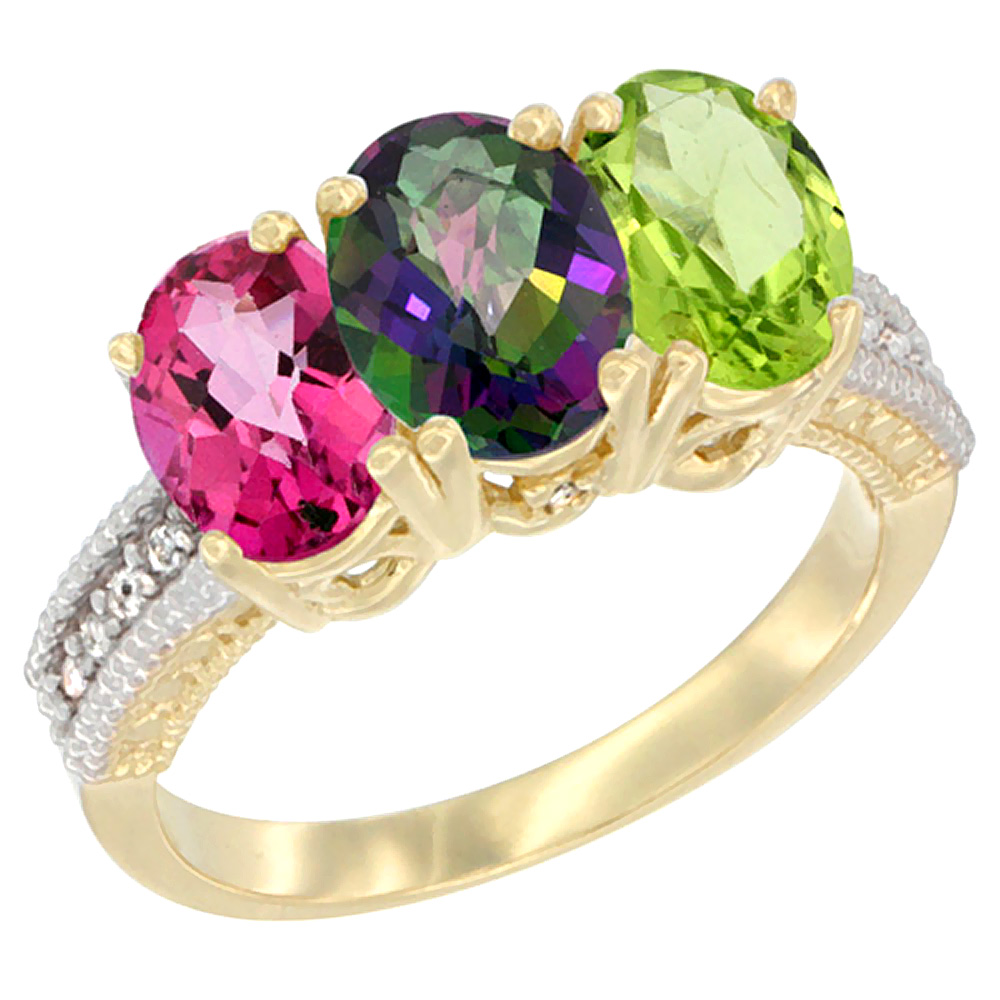 10K Yellow Gold Diamond Natural Pink Topaz, Mystic Topaz & Peridot Ring 3-Stone Oval 7x5 mm, sizes 5 - 10