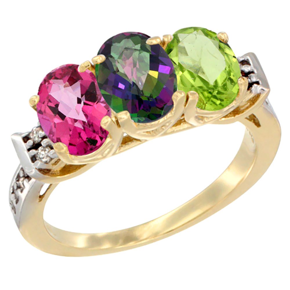 10K Yellow Gold Natural Pink Topaz, Mystic Topaz &amp; Peridot Ring 3-Stone Oval 7x5 mm Diamond Accent, sizes 5 - 10