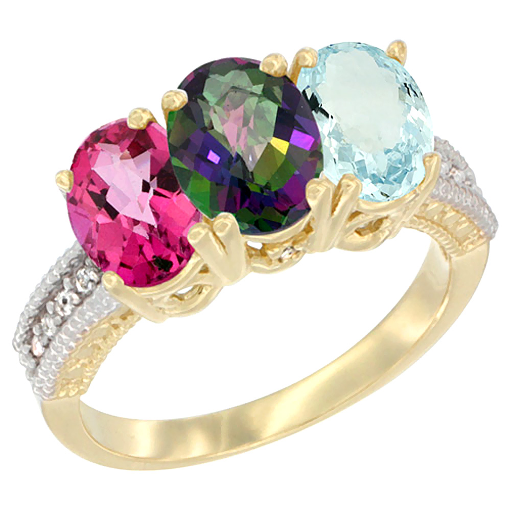 10K Yellow Gold Diamond Natural Pink Topaz, Mystic Topaz &amp; Aquamarine Ring 3-Stone Oval 7x5 mm, sizes 5 - 10
