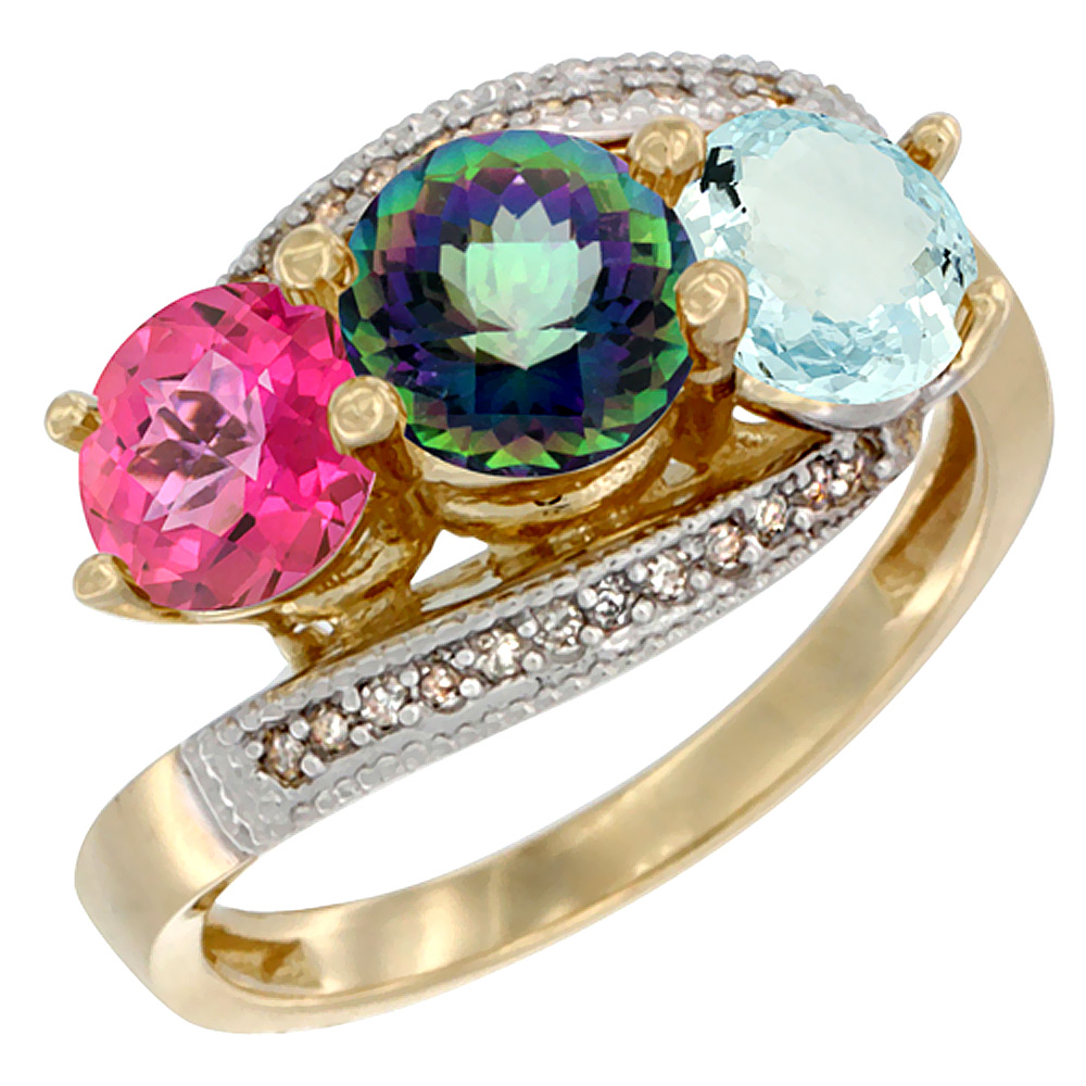 10K Yellow Gold Natural Pink Topaz, Mystic Topaz &amp; Aquamarine 3 stone Ring Round 6mm Diamond Accent, sizes 5 - 10