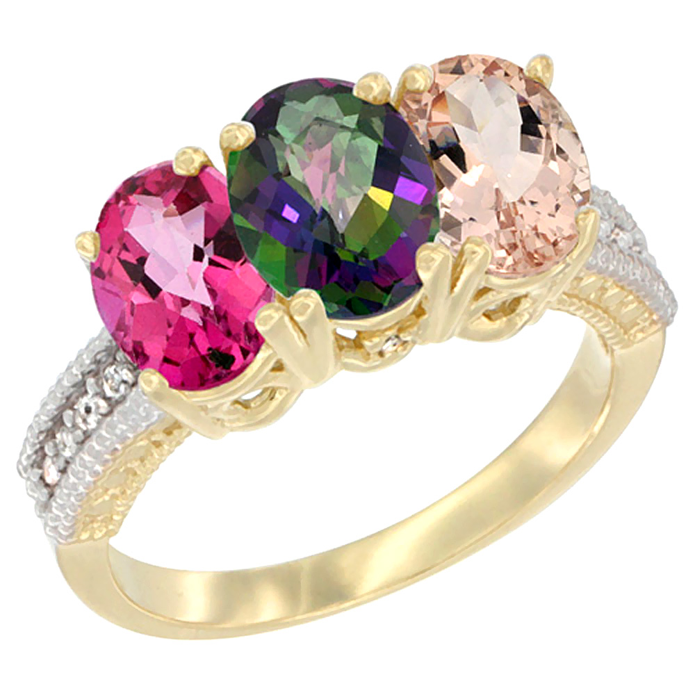 14K Yellow Gold Natural Pink Topaz, Mystic Topaz &amp; Morganite Ring 3-Stone 7x5 mm Oval Diamond Accent, sizes 5 - 10