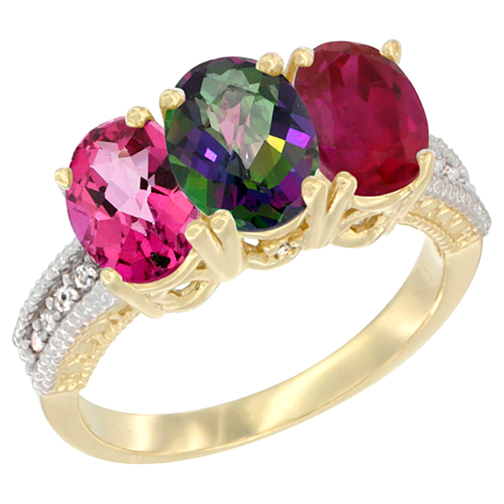 14K Yellow Gold Natural Pink Topaz, Mystic Topaz & Enhanced Ruby Ring 3-Stone 7x5 mm Oval Diamond Accent, sizes 5 - 10