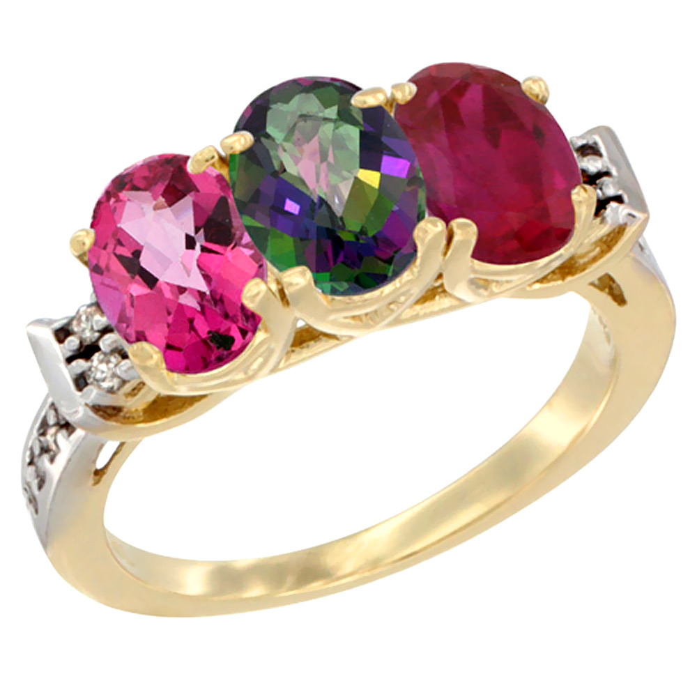 10K Yellow Gold Natural Pink Topaz, Mystic Topaz &amp; Enhanced Ruby Ring 3-Stone Oval 7x5 mm Diamond Accent, sizes 5 - 10