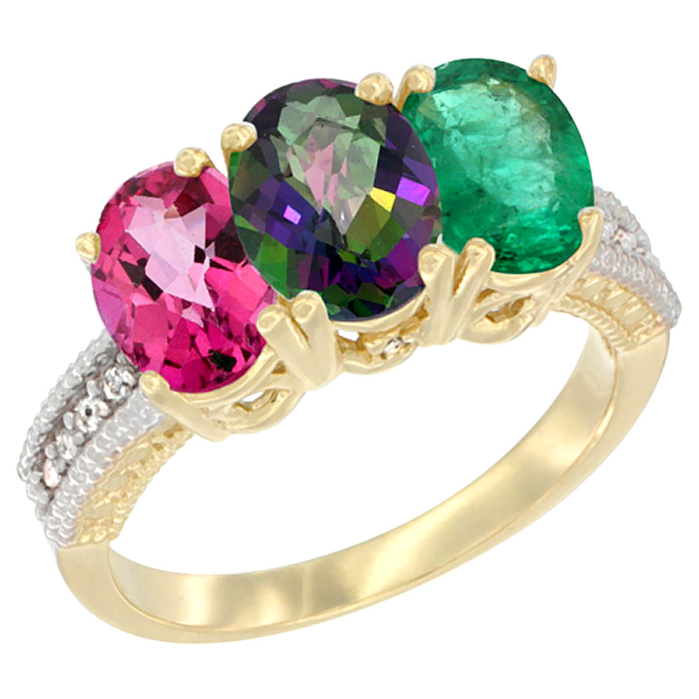 14K Yellow Gold Natural Pink Topaz, Mystic Topaz &amp; Emerald Ring 3-Stone 7x5 mm Oval Diamond Accent, sizes 5 - 10