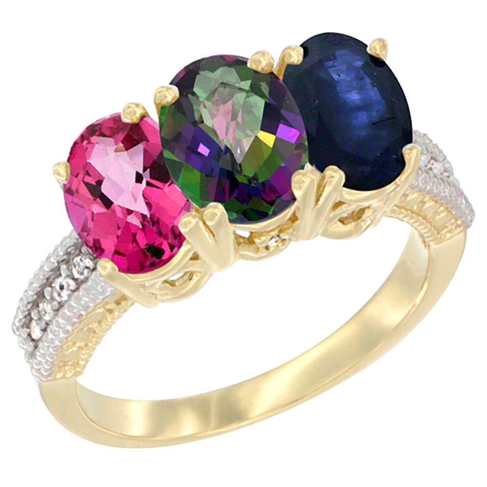 14K Yellow Gold Natural Pink Topaz, Mystic Topaz & Blue Sapphire Ring 3-Stone 7x5 mm Oval Diamond Accent, sizes 5 - 10