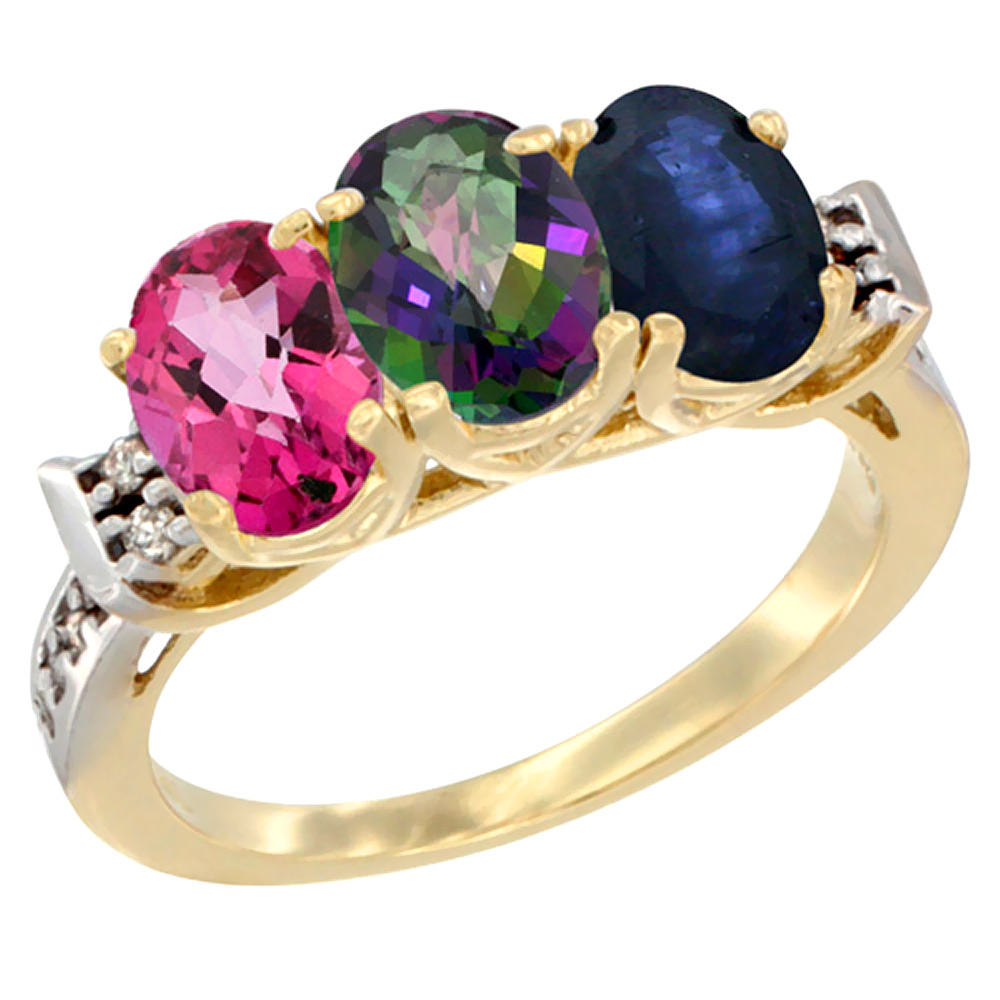 10K Yellow Gold Natural Pink Topaz, Mystic Topaz & Blue Sapphire Ring 3-Stone Oval 7x5 mm Diamond Accent, sizes 5 - 10