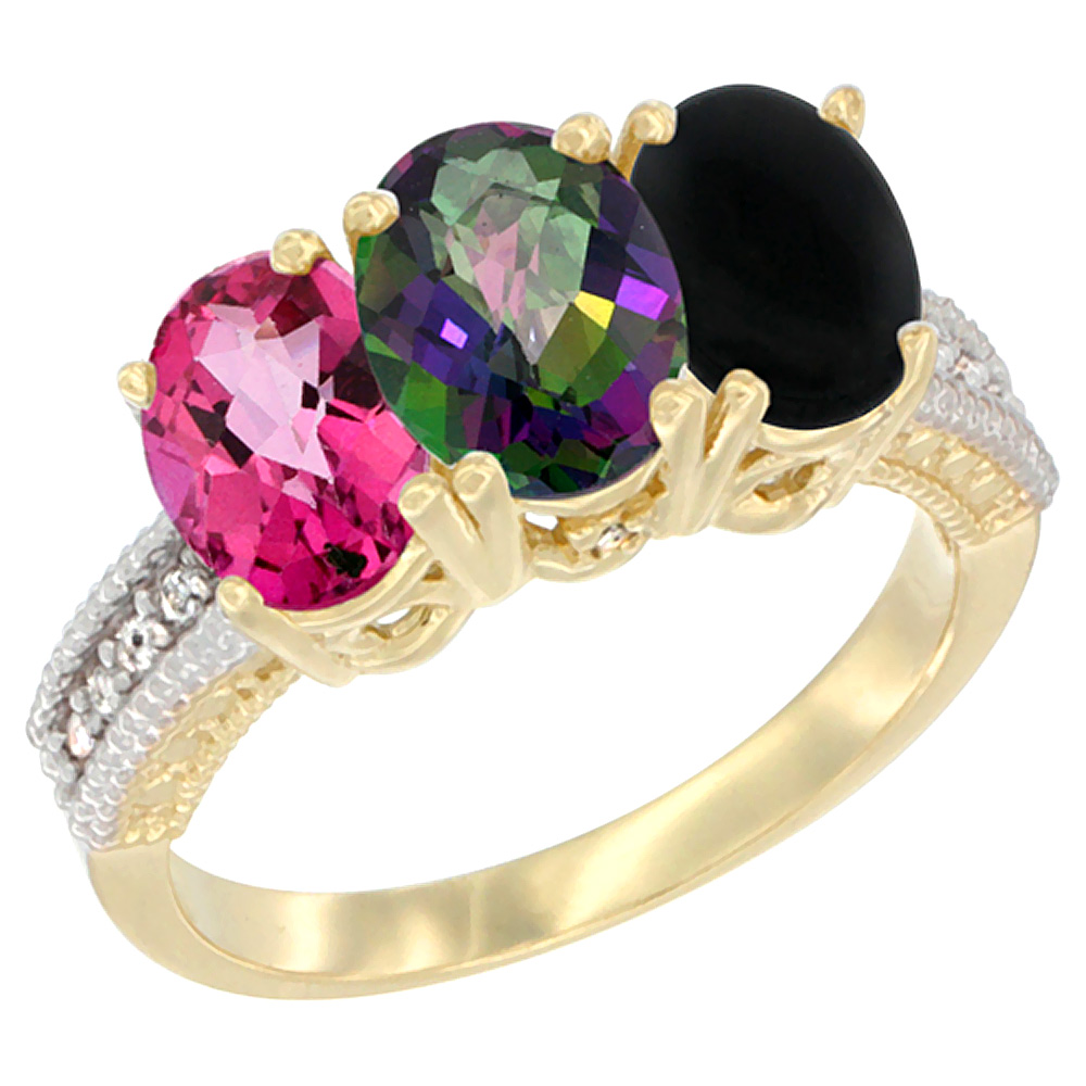 14K Yellow Gold Natural Pink Topaz, Mystic Topaz &amp; Black Onyx Ring 3-Stone 7x5 mm Oval Diamond Accent, sizes 5 - 10