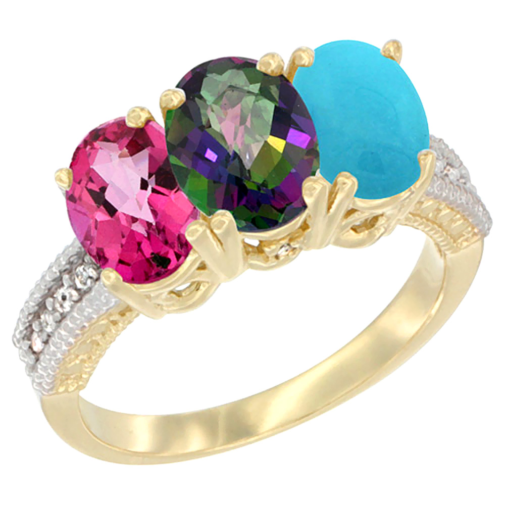 10K Yellow Gold Diamond Natural Pink Topaz, Mystic Topaz &amp; Turquoise Ring 3-Stone Oval 7x5 mm, sizes 5 - 10