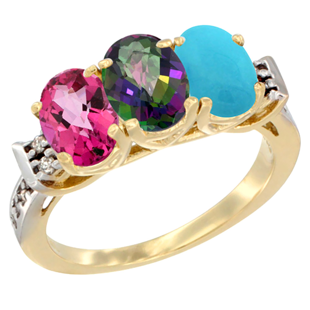 10K Yellow Gold Natural Pink Topaz, Mystic Topaz &amp; Turquoise Ring 3-Stone Oval 7x5 mm Diamond Accent, sizes 5 - 10