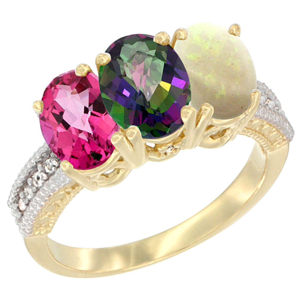 14K Yellow Gold Natural Pink Topaz, Mystic Topaz &amp; Opal Ring 3-Stone 7x5 mm Oval Diamond Accent, sizes 5 - 10