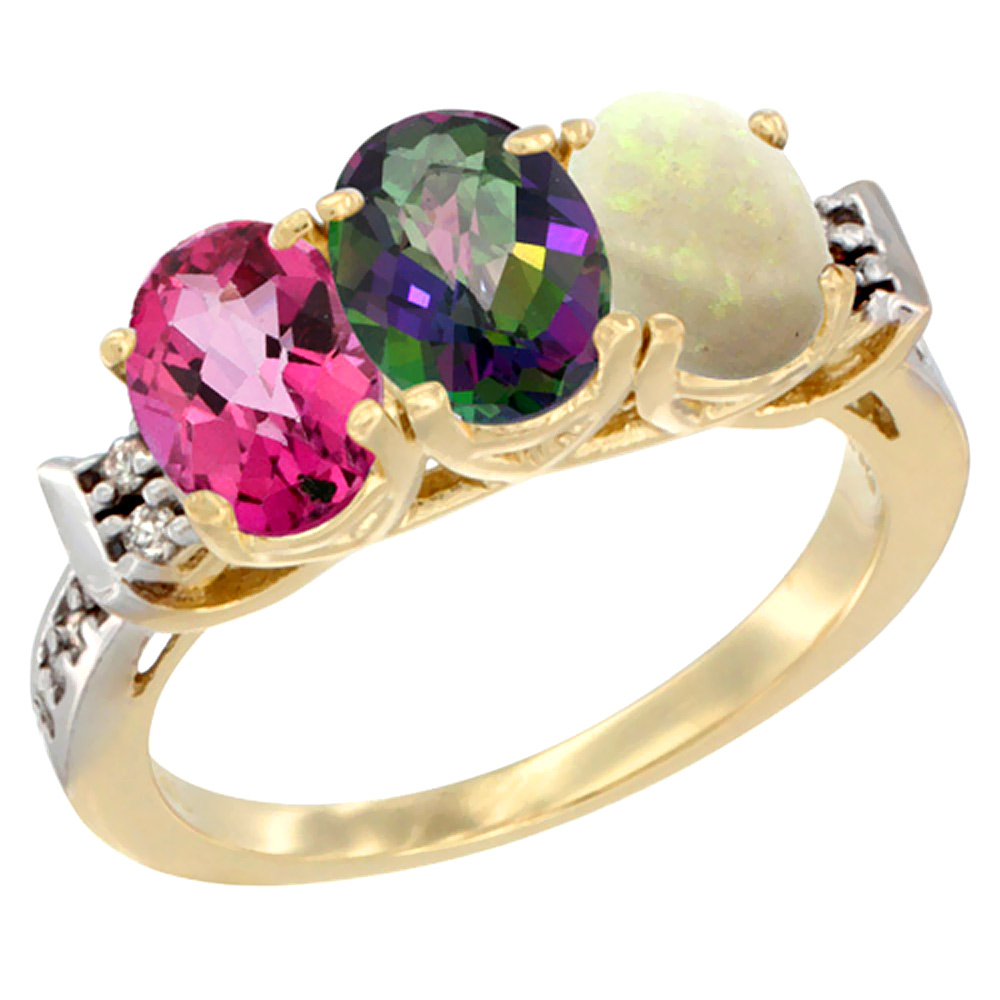10K Yellow Gold Natural Pink Topaz, Mystic Topaz &amp; Opal Ring 3-Stone Oval 7x5 mm Diamond Accent, sizes 5 - 10