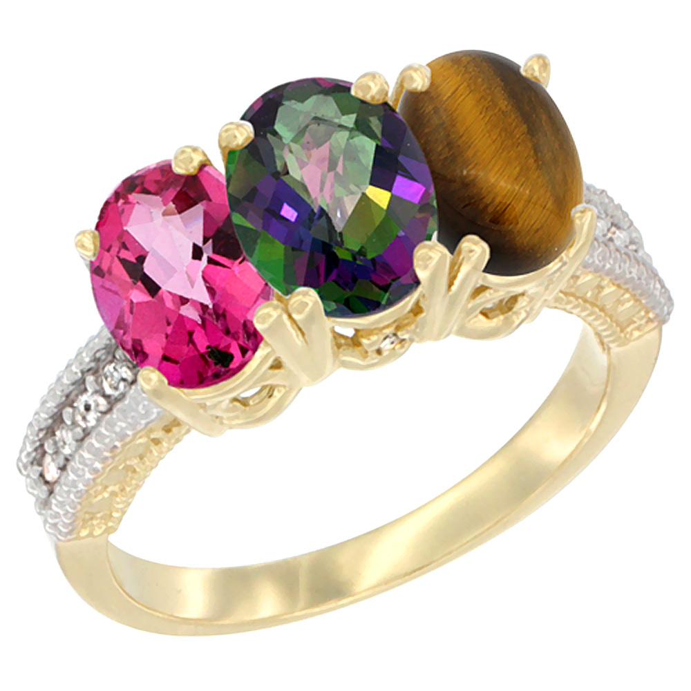 14K Yellow Gold Natural Pink Topaz, Mystic Topaz &amp; Tiger Eye Ring 3-Stone 7x5 mm Oval Diamond Accent, sizes 5 - 10