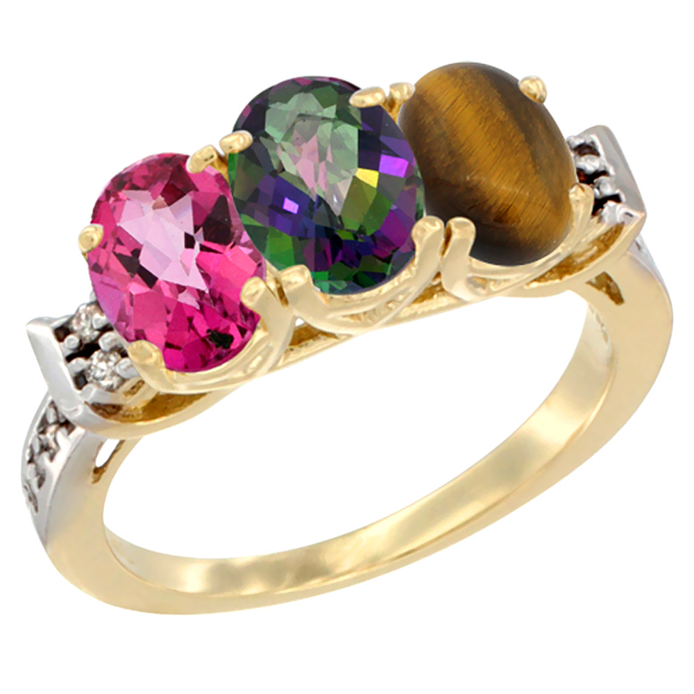10K Yellow Gold Natural Pink Topaz, Mystic Topaz &amp; Tiger Eye Ring 3-Stone Oval 7x5 mm Diamond Accent, sizes 5 - 10