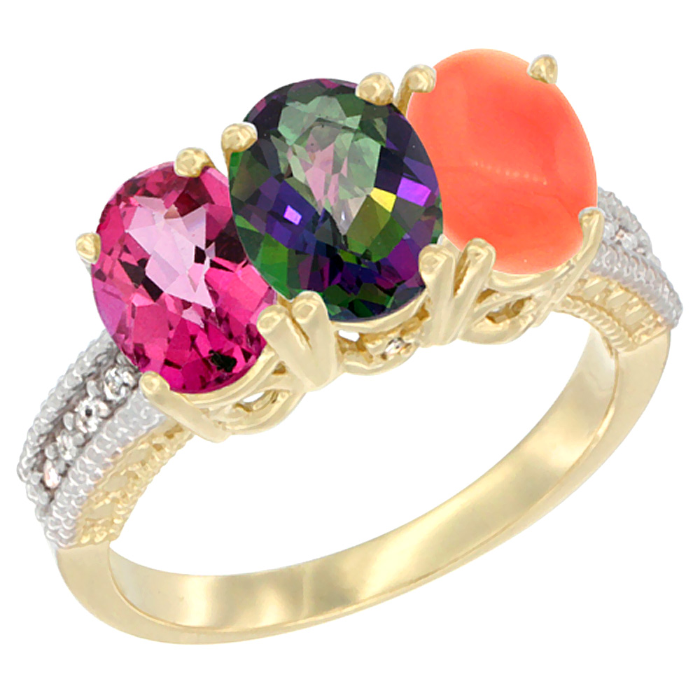 14K Yellow Gold Natural Pink Topaz, Mystic Topaz &amp; Coral Ring 3-Stone 7x5 mm Oval Diamond Accent, sizes 5 - 10