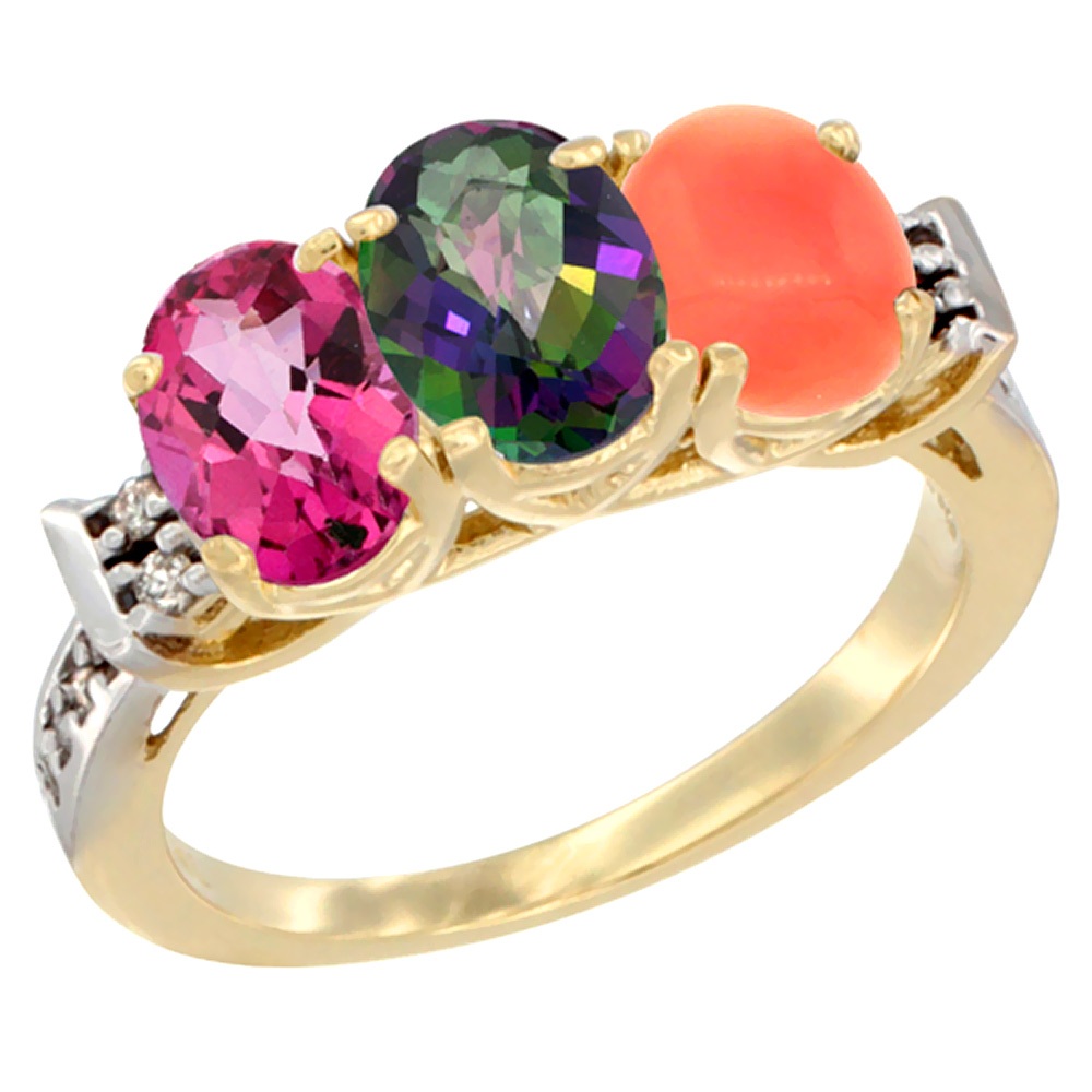10K Yellow Gold Natural Pink Topaz, Mystic Topaz &amp; Coral Ring 3-Stone Oval 7x5 mm Diamond Accent, sizes 5 - 10