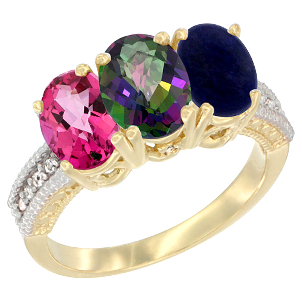 14K Yellow Gold Natural Pink Topaz, Mystic Topaz &amp; Lapis Ring 3-Stone 7x5 mm Oval Diamond Accent, sizes 5 - 10