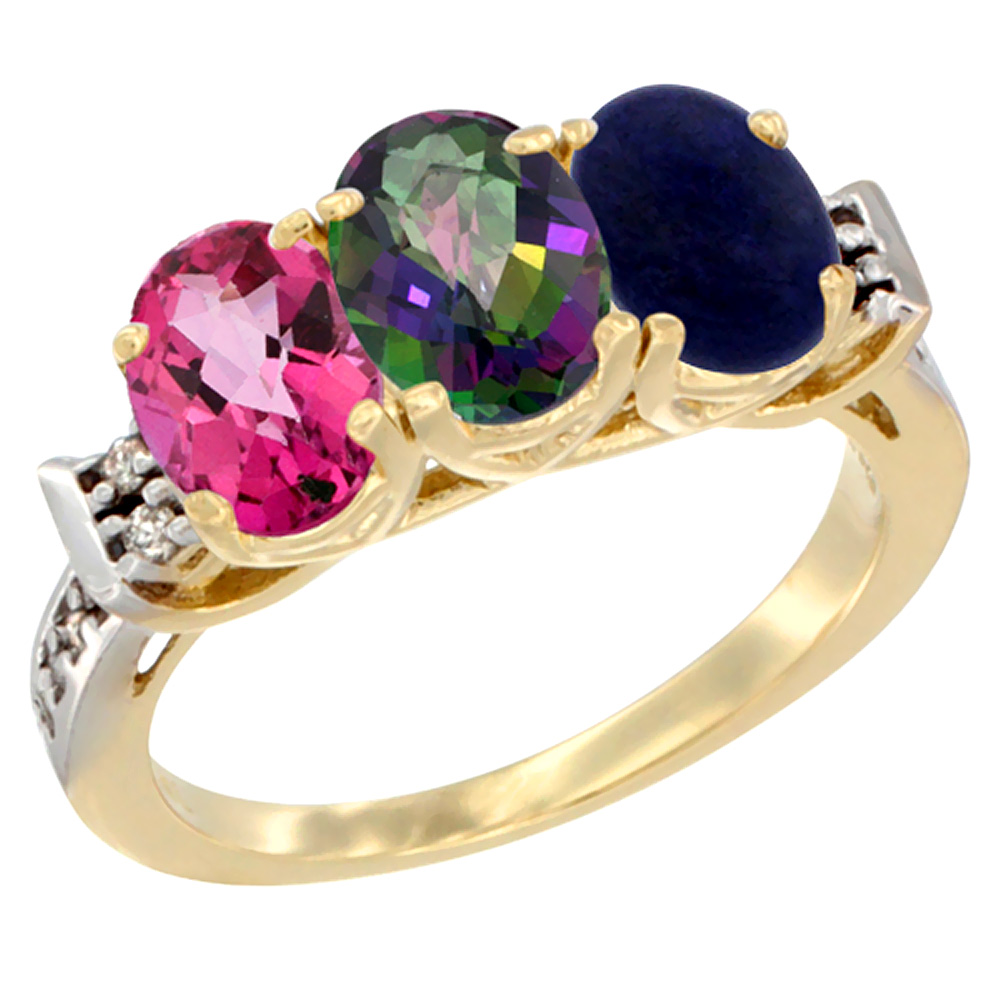 10K Yellow Gold Natural Pink Topaz, Mystic Topaz &amp; Lapis Ring 3-Stone Oval 7x5 mm Diamond Accent, sizes 5 - 10