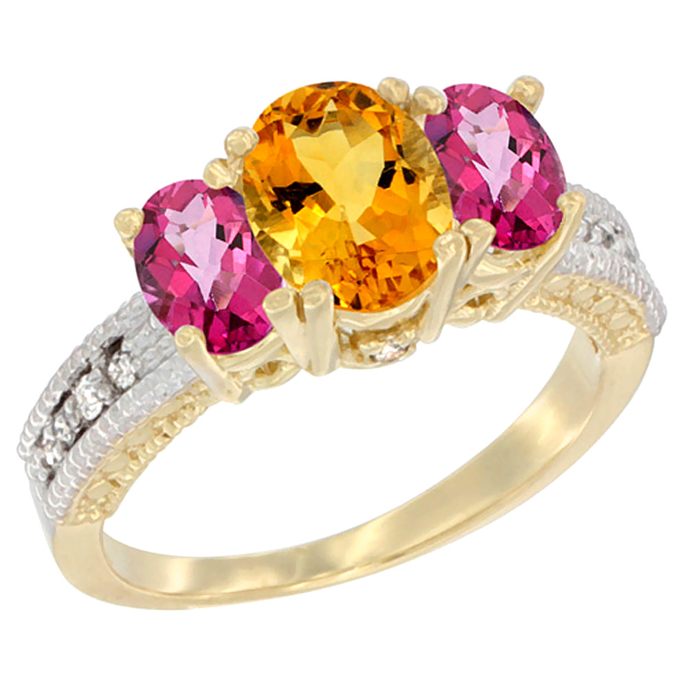 14K Yellow Gold Diamond Natural Citrine Ring Oval 3-stone with Pink Topaz, sizes 5 - 10