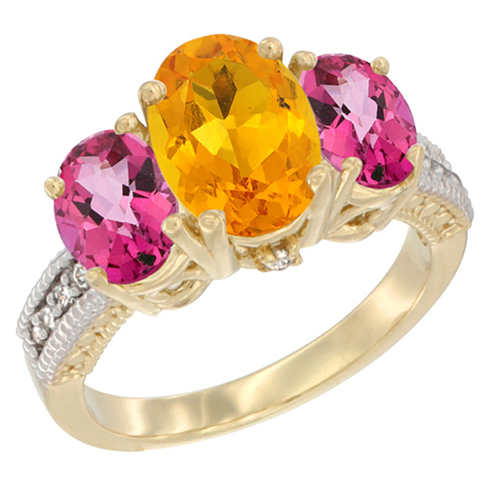 10K Yellow Gold Diamond Natural Citrine Ring 3-Stone Oval 8x6mm with Pink Topaz, sizes5-10